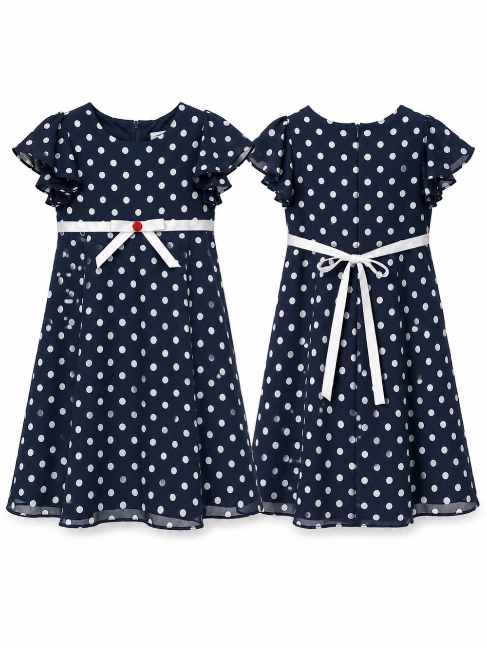 Byer California Navy and White Polka Dot Dress with White Waist Tie